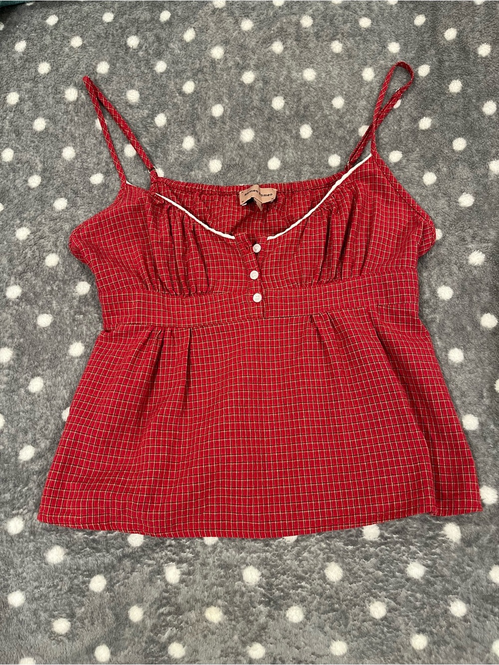 Sleeveless Red Check Spaghetti Strap Camisole with Button Front